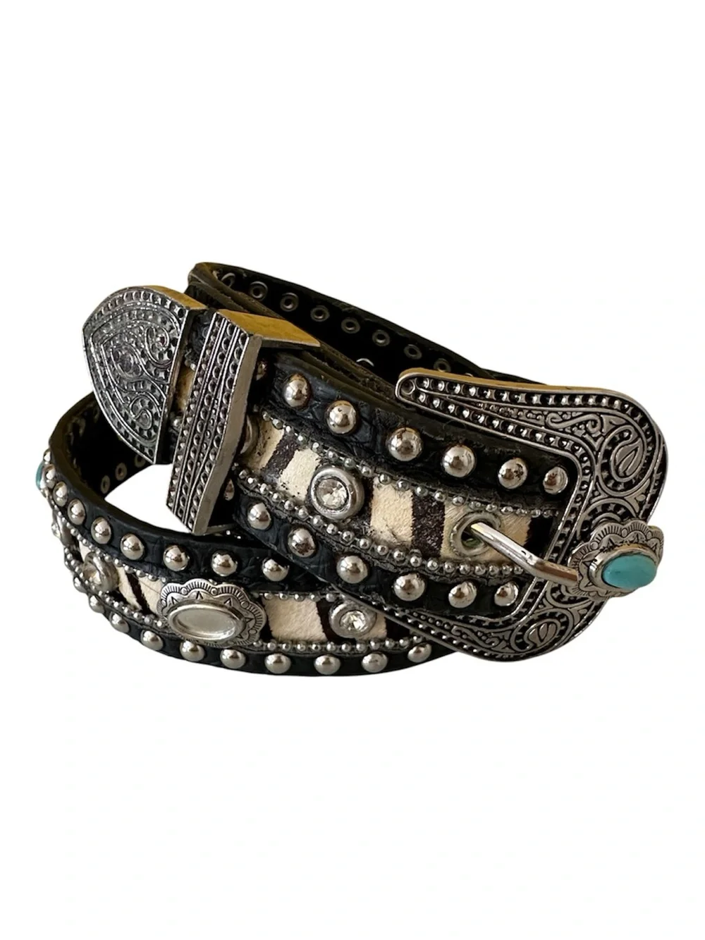 Nocona Western Black Leather Studded Belt with Turquoise Accent and Zebra Inlay